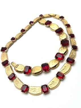 Kramer Vintage Red Crystal Gold Etched Links Demi Parure Necklace and Bracelet